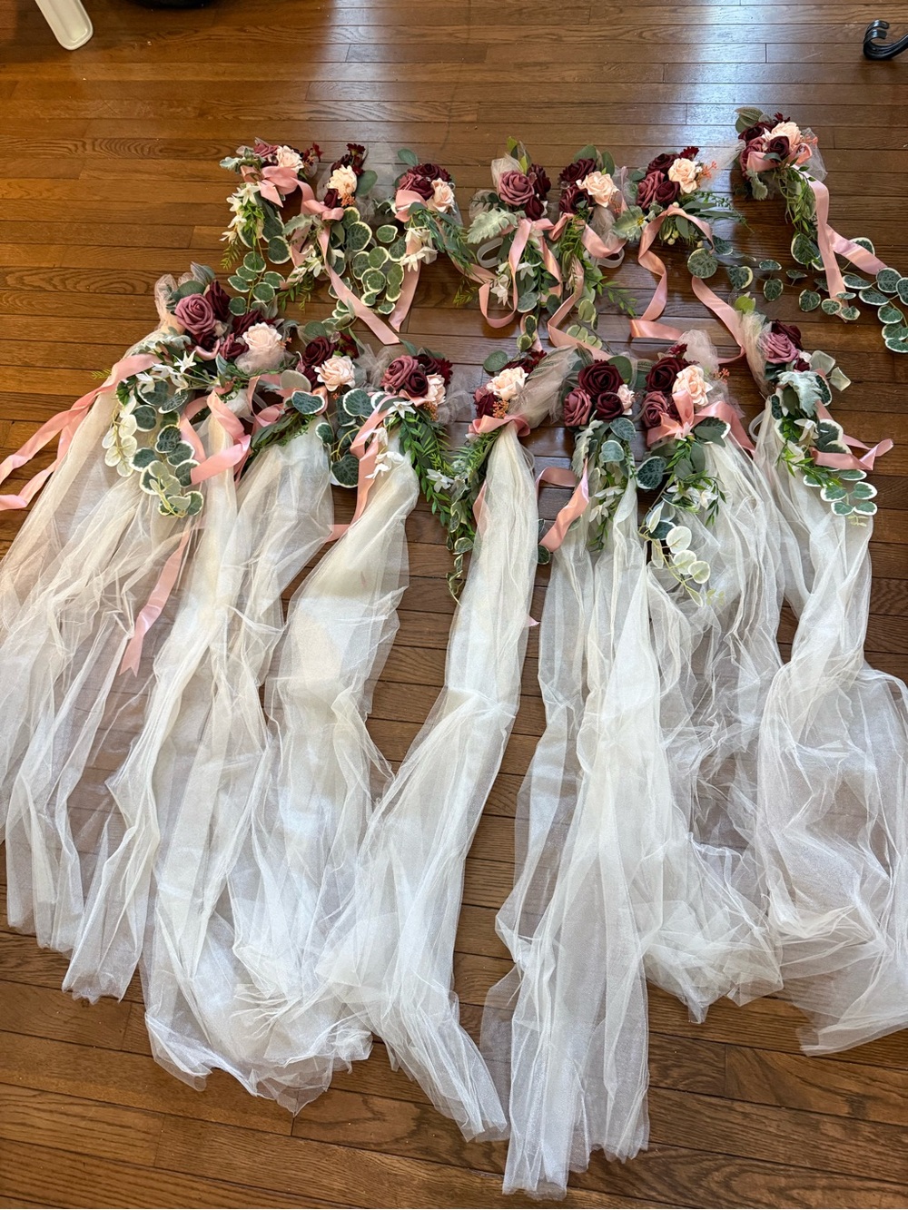 15 Handmade Floral Garland with Pink and Burgundy Roses and White Tulle